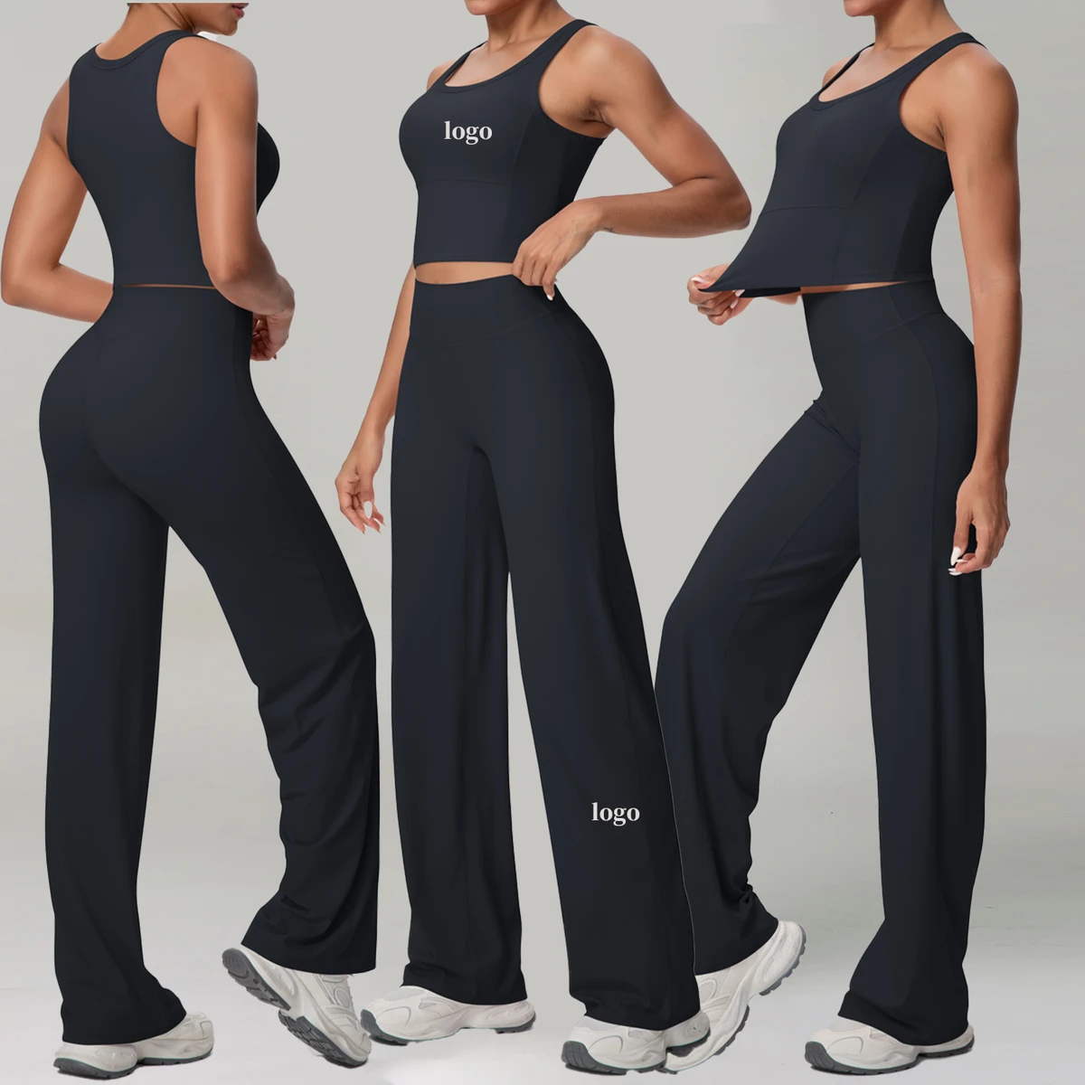 Women Compression Custom Logo Sleeveless Crop Tank Top Sports Loose Straight-leg Yoga Pants Fitness Breathable Yoga Set