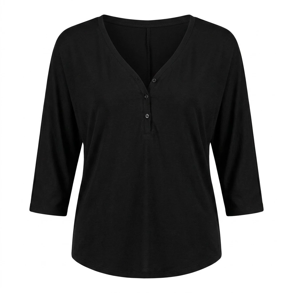 Customized Black V Neck Henley Top Long Sleeve Slim Fit Ribbed Tee Streetwear Women High Quality Personalized Logo Print T-shirt