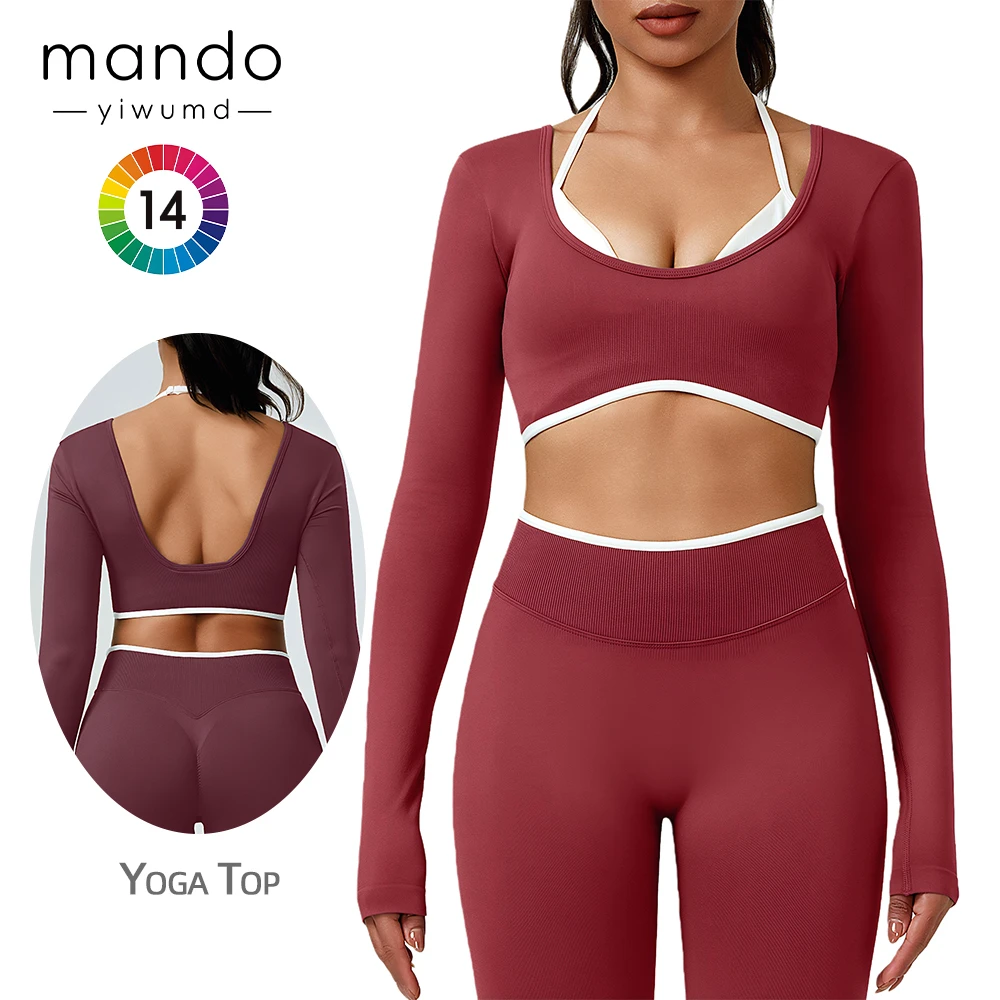 Women's Seamless Nylon Spandex Long Sleeve Crop Top Halter Backless Color Block Activewear for Yoga & Gym Sports