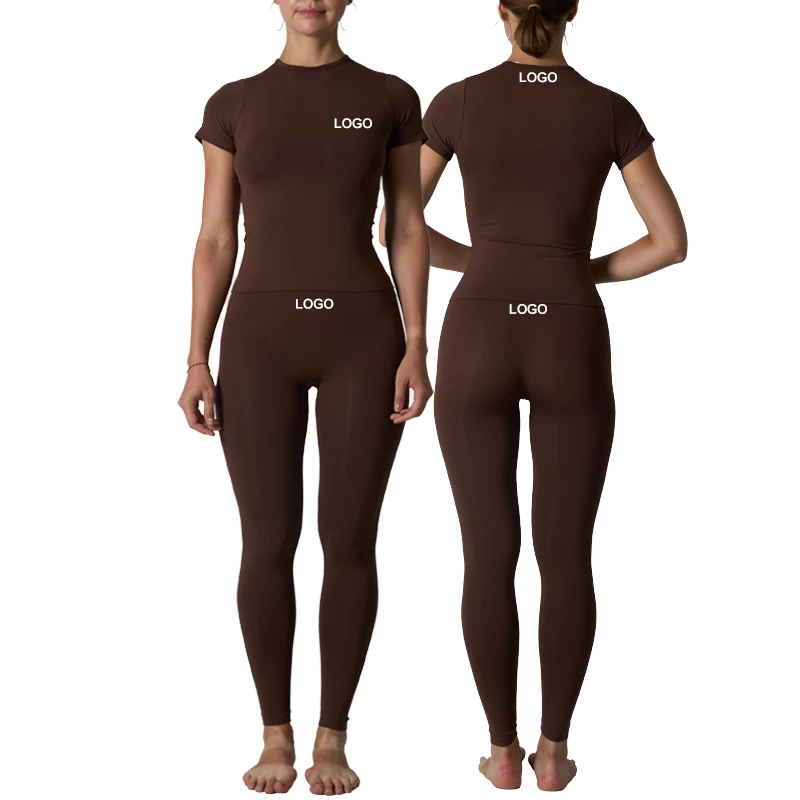 Custom Seamless Sportswear Breathable Quick-Dry Fitness 2 Piece Gym Set Lightweight T-Shirts Tight Slim-Fit Yoga Leggings Sets