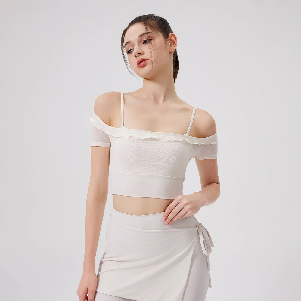 Wind Lace Mesh Yarn Yoga Clothes Short Sleeve With Breast Pad Women's Running Quick Dry Sports Bra One Body Cup Yoga Top