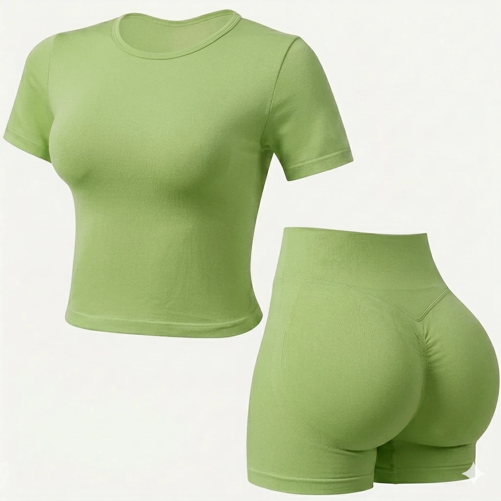 High quality Custom Womens Seamless yoga Set Short Sleeve Fitness Top High Waist Scrunch Shorts Gym fit Sportswear fitness wear