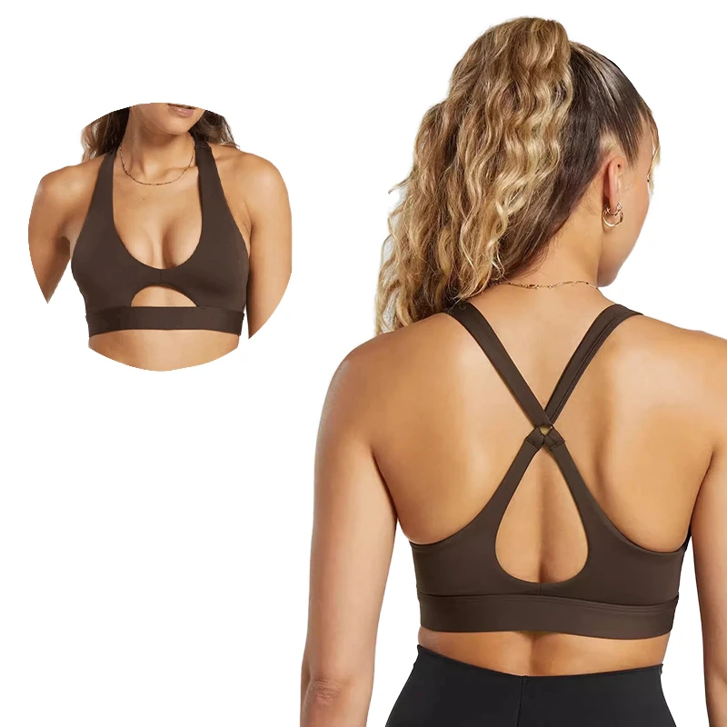 Wholesale EEVEGLOW High Quality Nylon Women's Gym Sports Bra U-Neck Plus Size High Support Padded Back Crisscross Backless