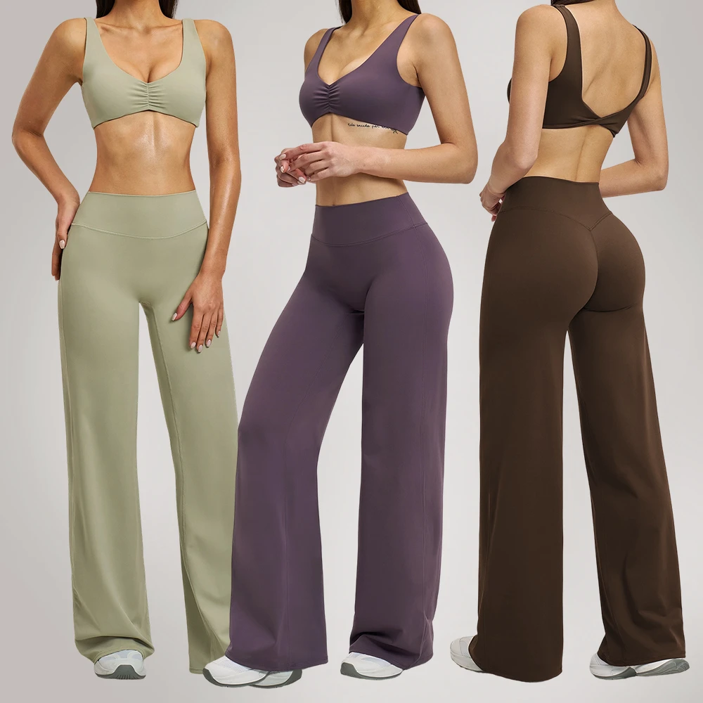 Custom Women's Yoga Fitness Set Ruched V-Neck Sports Bra High Waist Flared Leggings 4 Way Stretch Breathable Gym Activewear