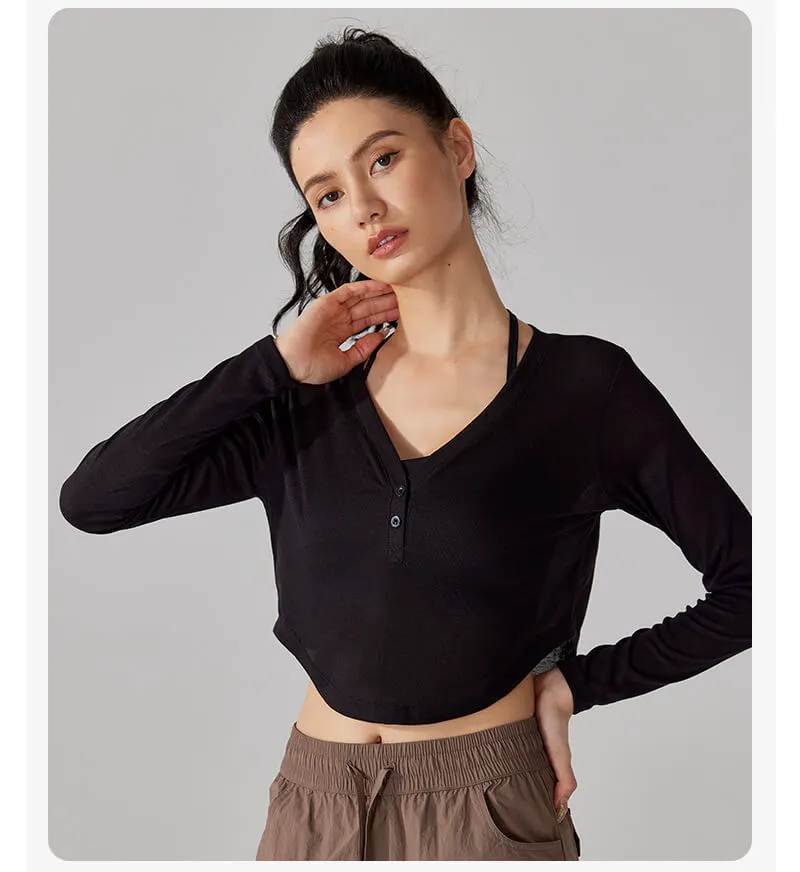ZONA Polyester/Nylon Yoga Long Sleeve Loose Breathable Criss Cross Neck Striped Pattern Tank Top Sports Cover-Up Quick-Dry Running