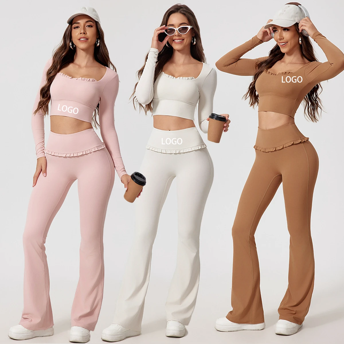 Custom Women Yoga Outfit Set Fitness Jacket Mid Elastic Waist Sports Leggings 2-Piece Solid Quick Dry Eco-Friendly Lightweight