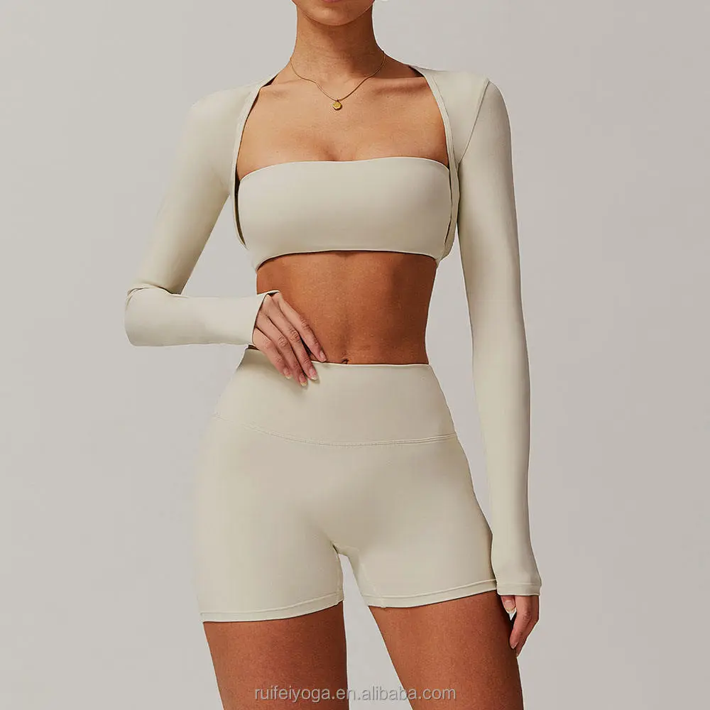 Custom Recyclable Sports Bra Tube Top Long Sleeve Yoga Tops Sweat-Wicking Scrunch Butt Pleated Fitness Shorts Yoga Leggings Sets
