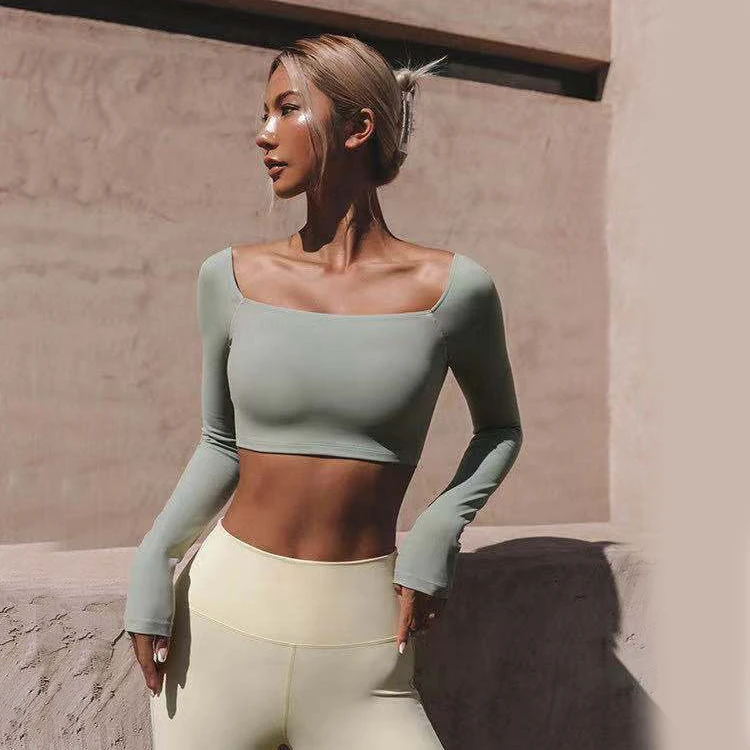 Sexy square Neck High Waist Yoga tank Top Long Sleeve Sports Fitness tank Women Sports Top