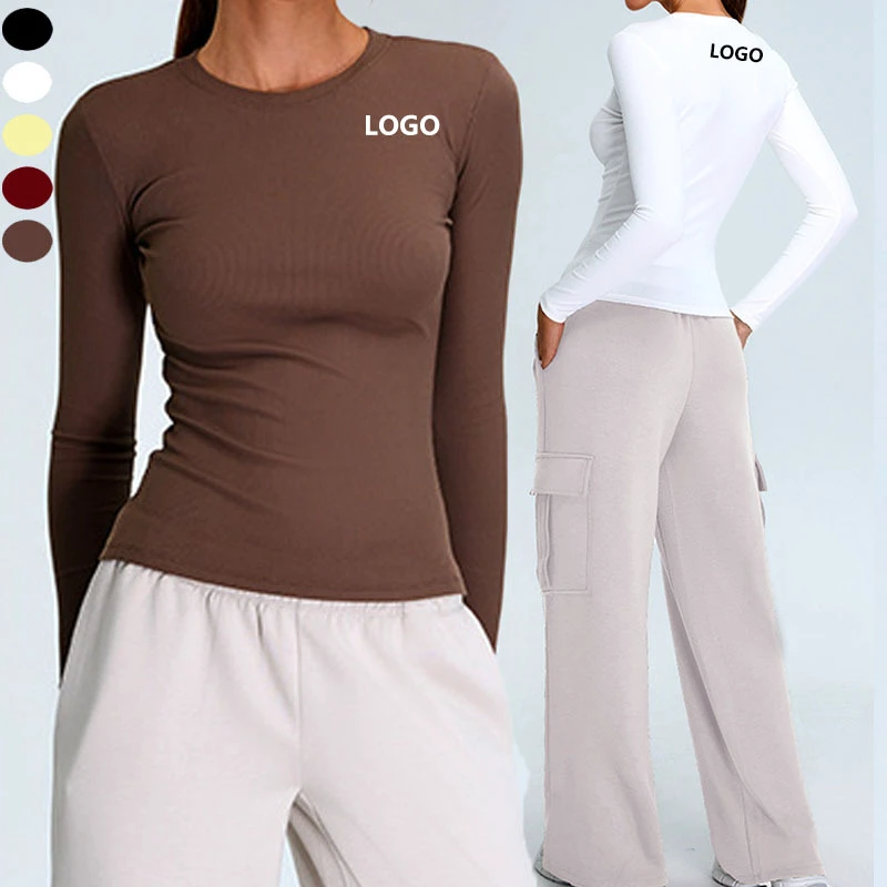 XW-TM0212 Rib Long Sleeve Gym Custom Logo Sportswear Breathable Fitness Sports Plus Size Yoga Workout Women Tops