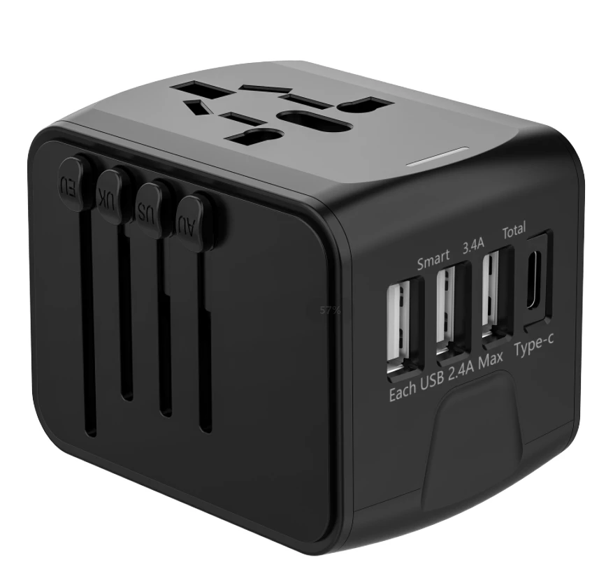 Universal 15W Worldwide Travel Adapter with QC3.0 USB-A *3 and USB-C *1 for Camera Laptop Earphone Use AC Port Included