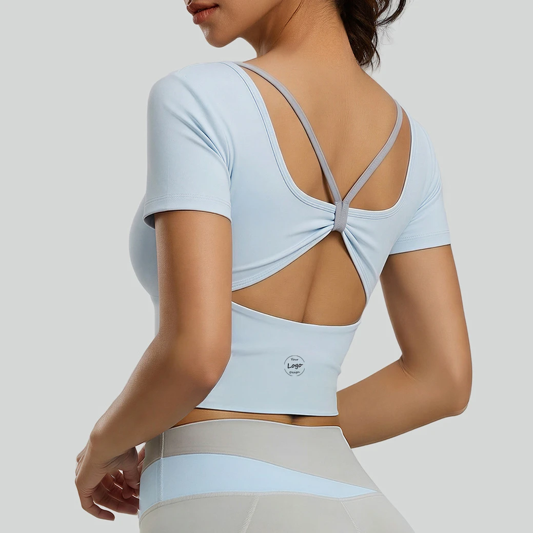 Women's Yoga Short-Sleeved Top with Chest Pads Shockproof Four-Way Stretch Breathable Autumn Wear Gym Clothes Women