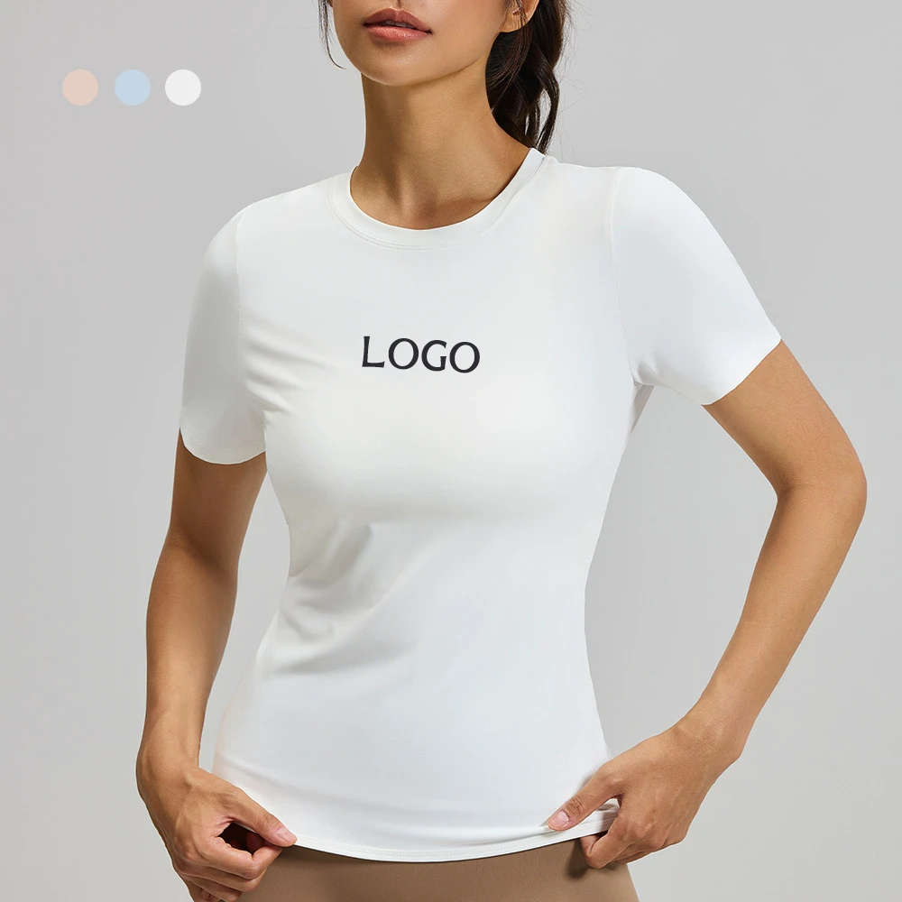OEM Custom High Elastic Sports Gym Tops Waterdrop Hollow & Back Hem Cross Breathable Quick Dry Women's Short Sleeve Yoga T Shirt