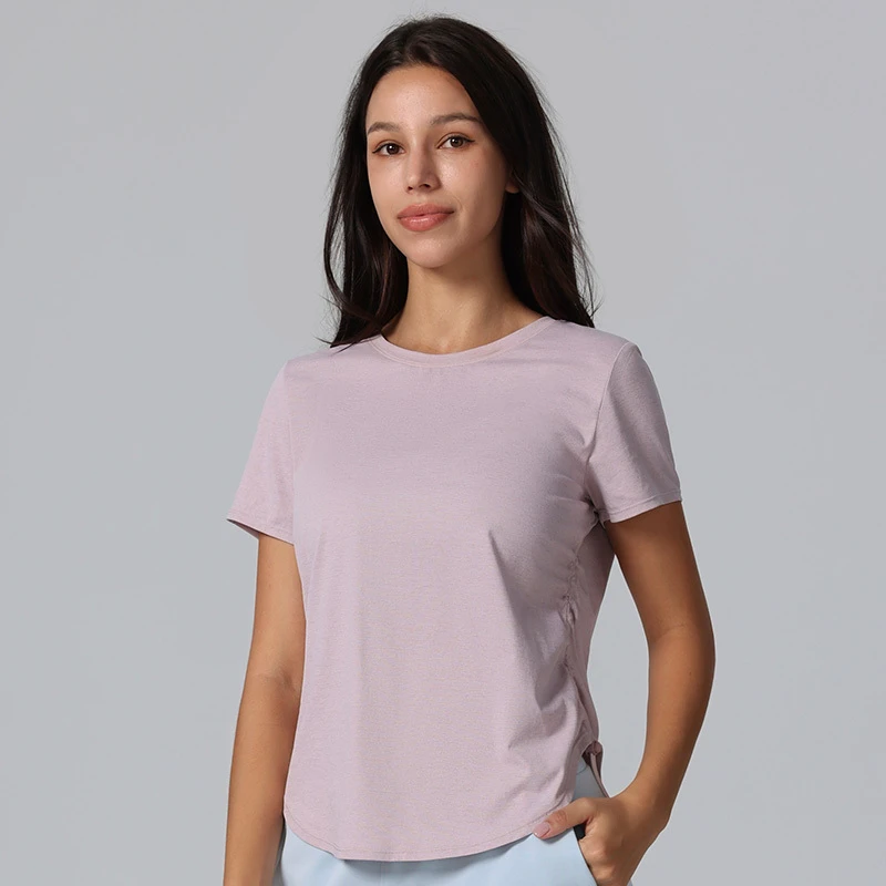 Women's Drawstring Side Short Sleeve Workout Shirts Athletic Tops Breathable Yoga Curve Hem Classic Round Neck Sports T-Shirts
