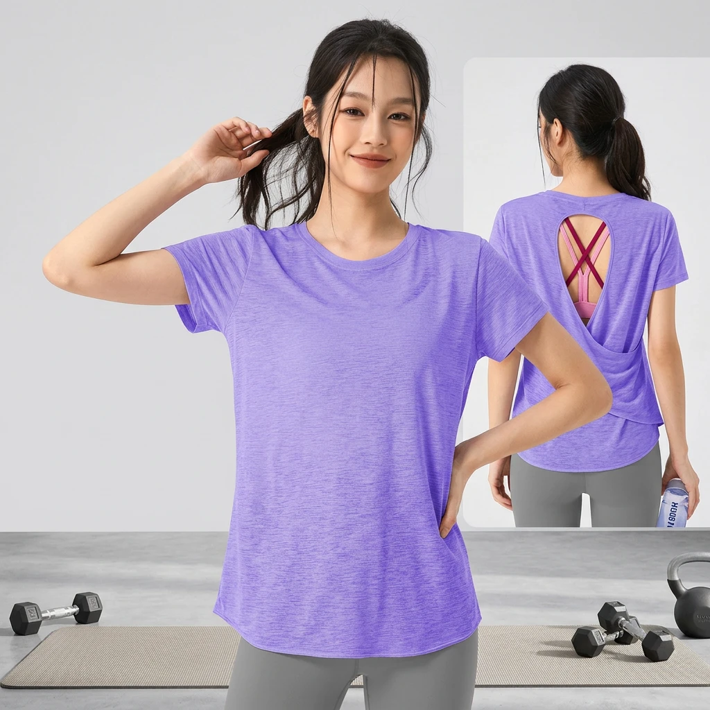Women's Cross Back Cutout Yoga T-shirt Round Neck Short Sleeve Athletic Top Quick Dry Thin Fabric Workout Pilates Shirts OEM ODM