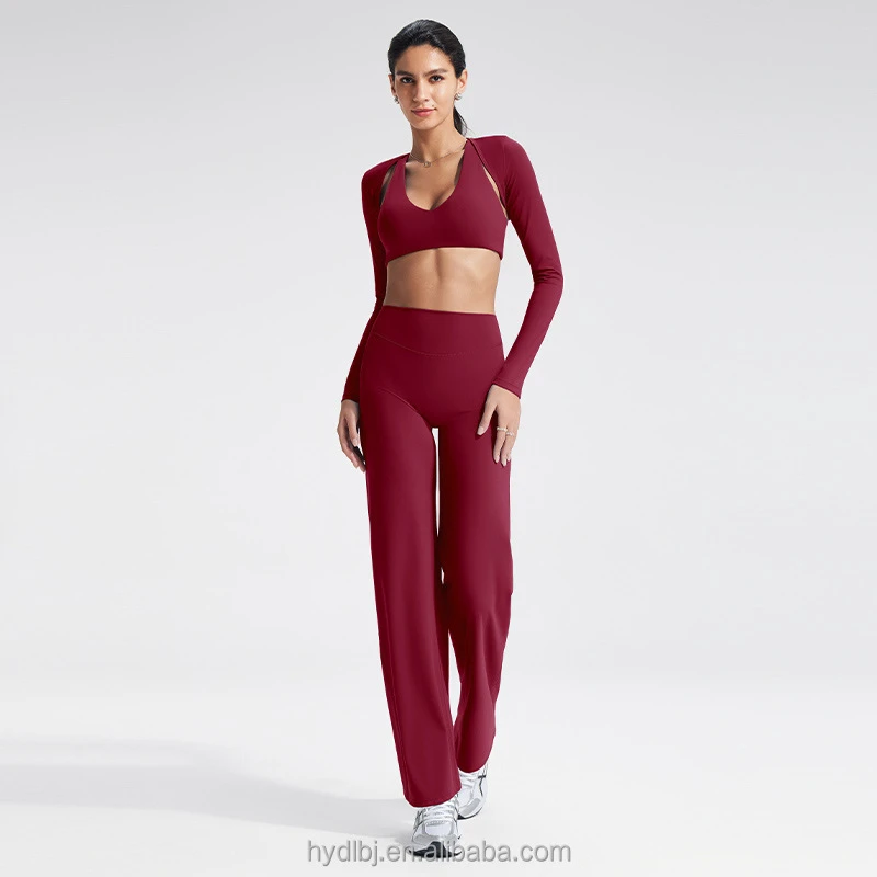 Women's Slim-Fit Solid Sportswear 3-Piece Yoga Set Breathable Quick-Dry Outdoor Running & Fitness Yoga Suit with Flared Hem