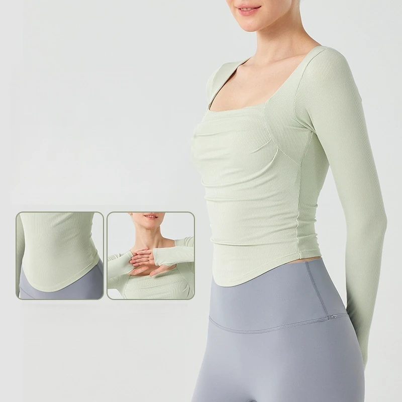 New Arrival Sexy Visual Built-in Fixed Pads Long Sleeve Finger Cuffs Yoga Fitness Crop Tops For Women
