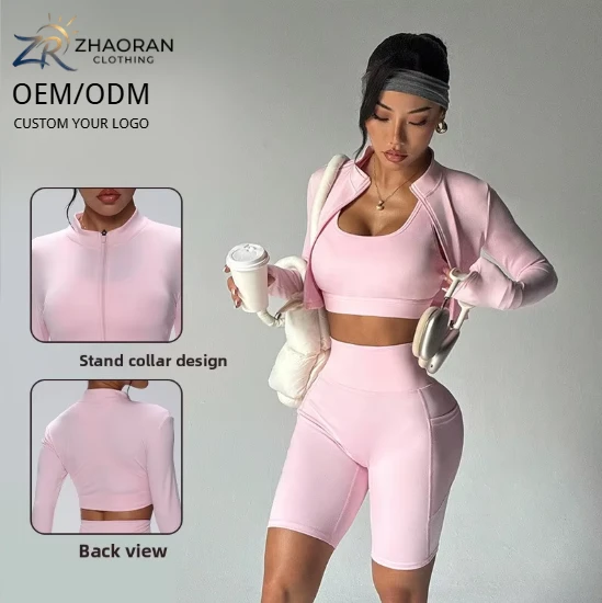 Custom Logo Women 2 Piece Yoga Set Wholesale High Waist Biker Shorts Zip Crop Top Gym Workout Set Activewear Manufacturer