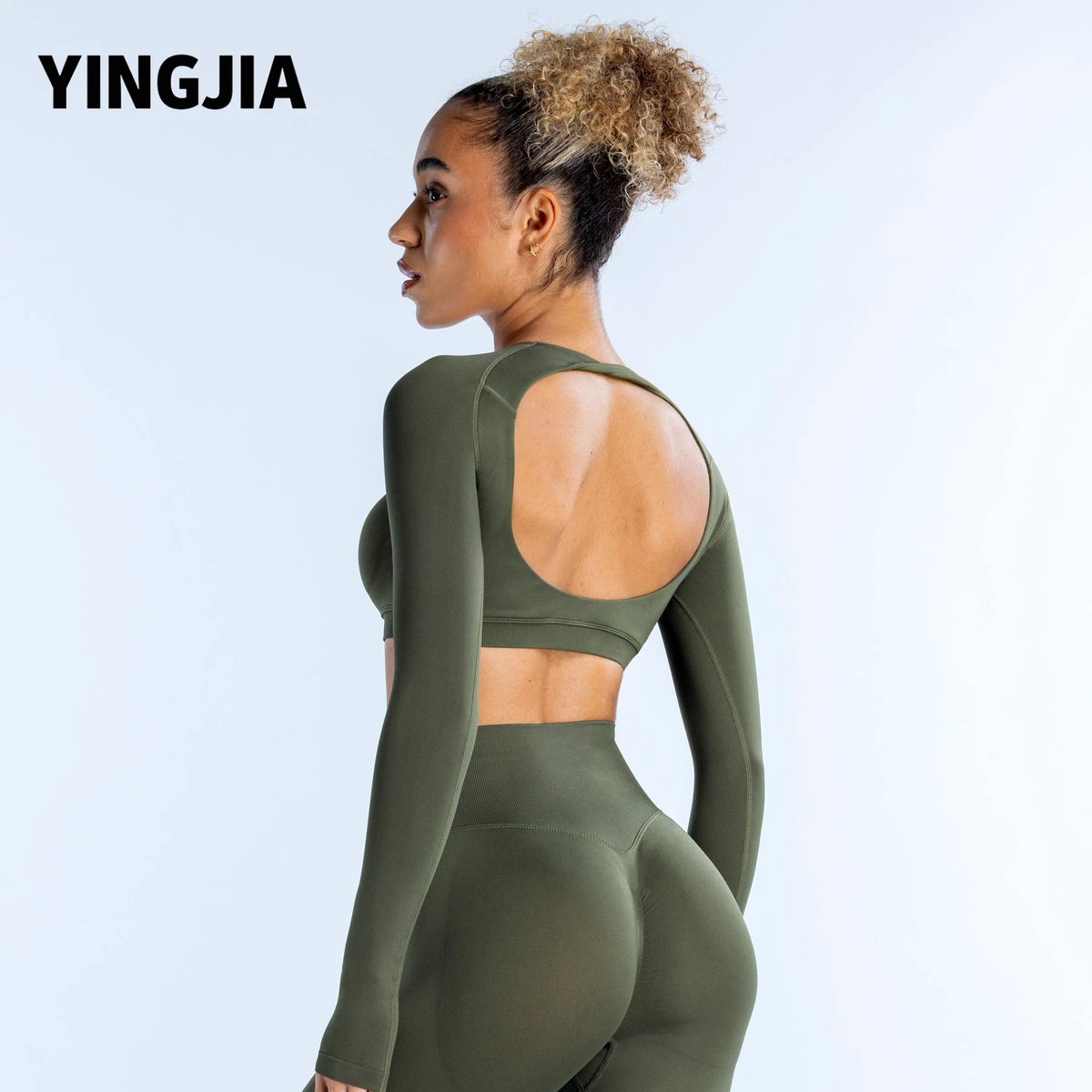 Women's Lightweight Breathable Plus Size Yoga Top with Navel Hollow Back Long Sleeve Crewneck Short Top