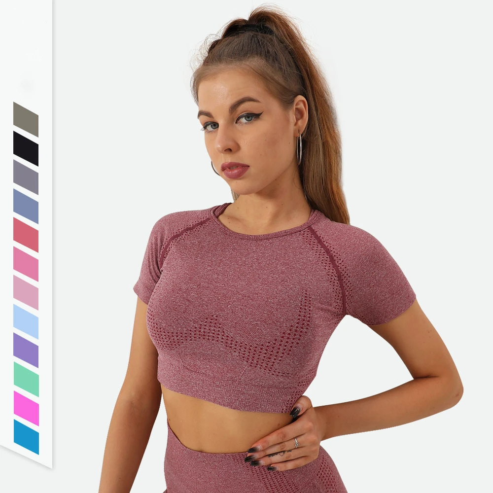 OEM Breathable High Elastic Sports Running Shirt Women Gym Fitness Workout Yoga Crop Top Slim Fit Short Sleeves for Ladies