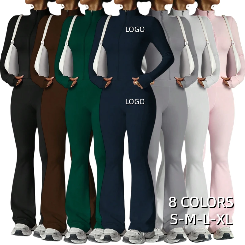 Women Zipper Long Sleeve Jacket Flares Leggings Yoga Sets Gym Fitness Nude Sets Activewear Workout Running Clothes Sportswear