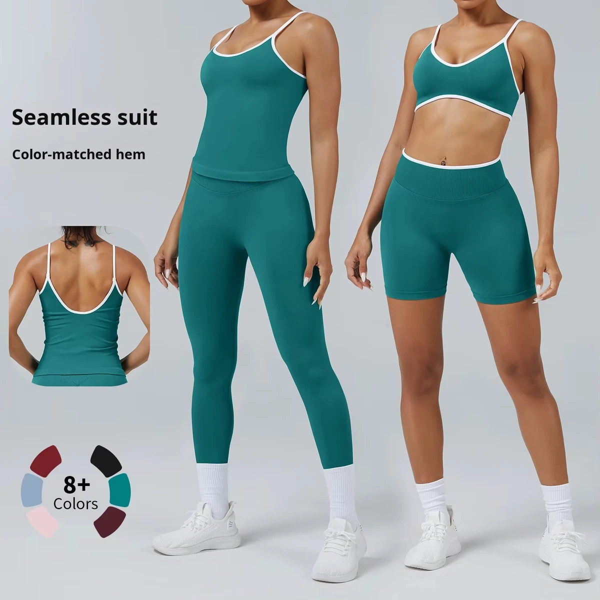 TongJoes American Women's Quick-Drying Fitness Sports Yoga Sets Breathable Cross-Border Seamless Elastic Waist Solid Pattern