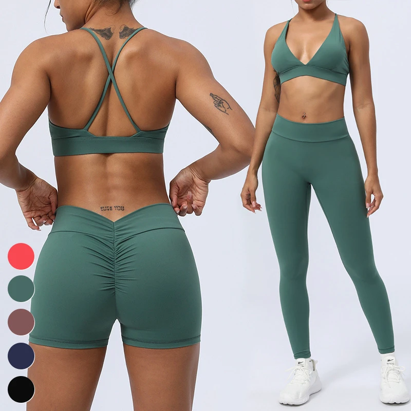 Nude Sexy Set Sport Bra Mid Waist Shorts Leggings 2 Piece Suit Custom Logo Workout Clothing Yoga Set Gym Fitness Sets for Women