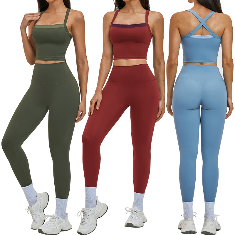 TZ6116-13 Women's Nude Feel Two-Piece Set Crisscross Back Quick Dry Sports Outfit Outdoor Casual Running Fitness Yoga Suit