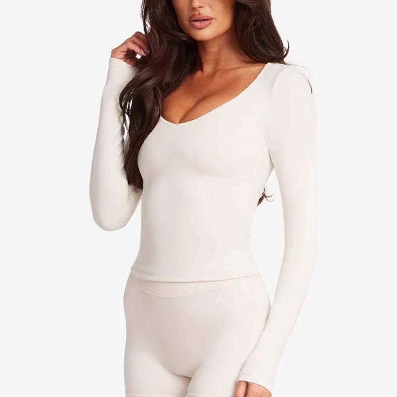 Women's Quick Dry Spandex Lightweight Breathable Four-Way Stretch Yoga Gym Comfortable Fitness V Neck Long Sleeve Yoga Top