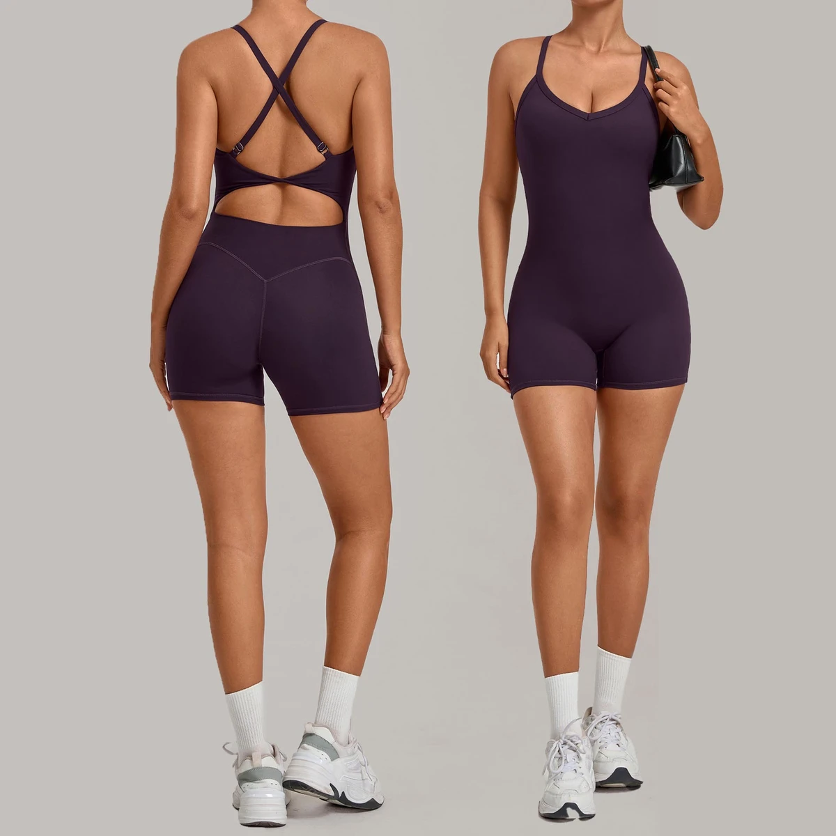 YIYI V-Neck Adjustable Buckle Yoga Romper Cross Waist & Butt Lifting Design Fit for Workouts One-Piece Sports Jumpsuit for Yoga