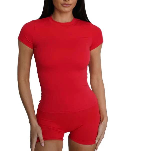 Women Tee Hold Tight Short-Sleeve Top Round Neck Breathable 3D Print Nylon Young Girls Thread Yoga Sports Tops T Shirts