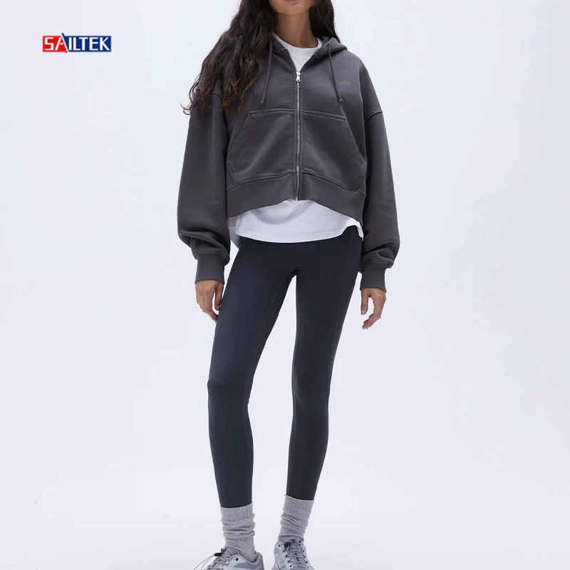 Custom Woman Gym Clothing Yoga Pants Set Activewear Fitness Workout 2 Piece Cropped Zip up Hoodie and Leggings Set
