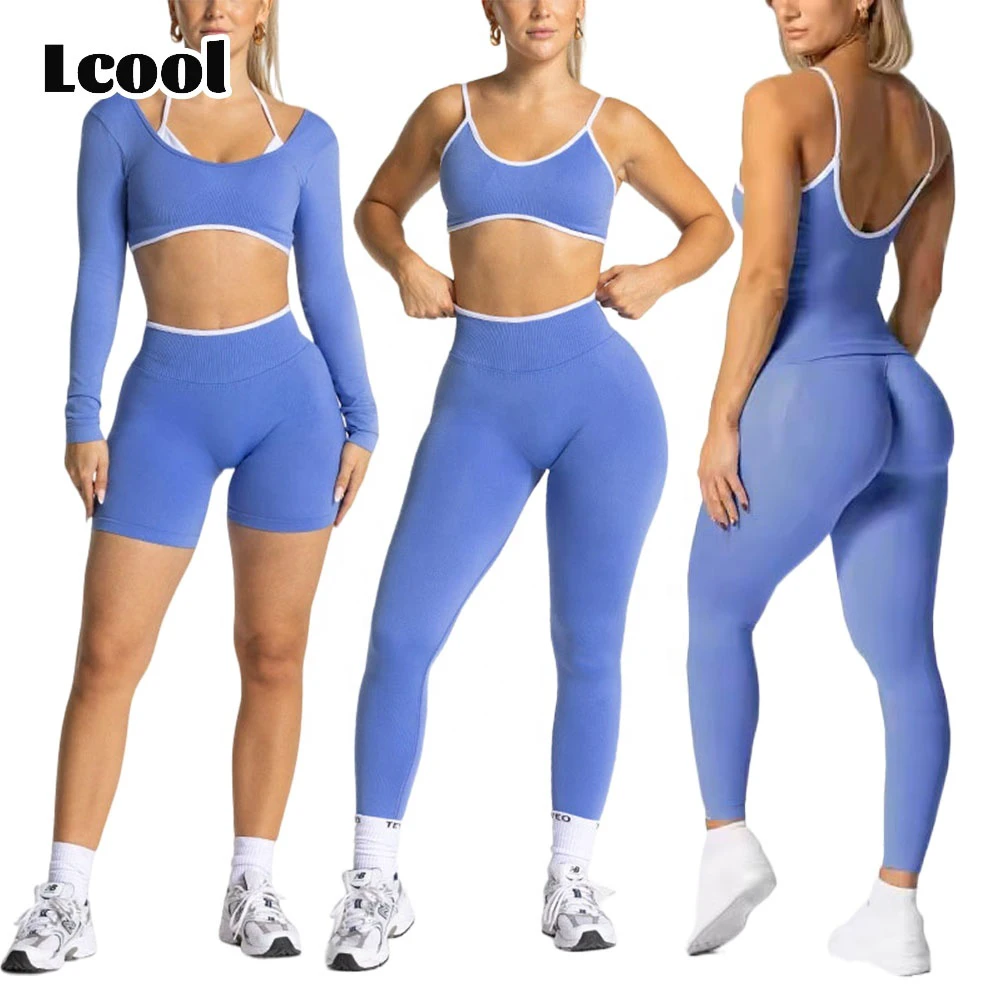 Lcool Women Contrast Color 5 Piece Compression Sportswear Fitness Bra Tank Top Scrunch Shorts Leggings Seamless Fitness Yoga Set