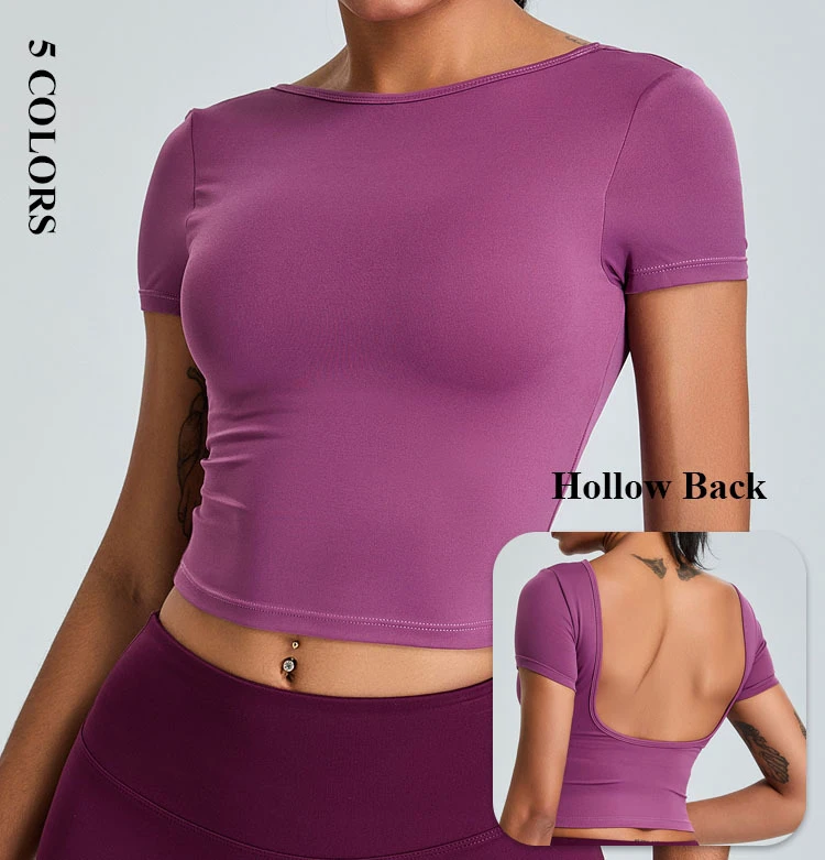 High Quality Women's Nylon/Spandex Hollow Back Breathable Quick Dry Lightweight Seamless Nude Yoga Crop Top Sports Fitness Tight