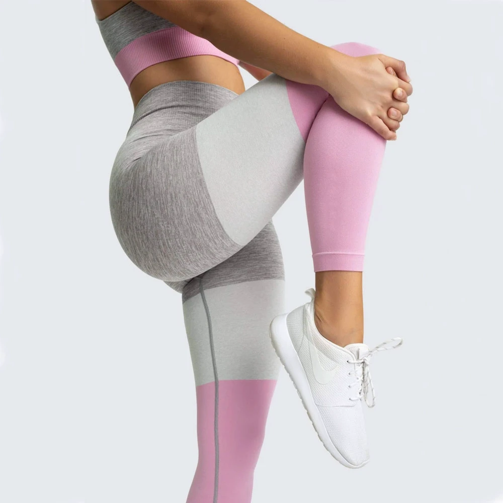 High Waist Color Blocked Yoga Leggings Full Length Spandex Nylon Four-Way Stretch Contrast Stitch Pants