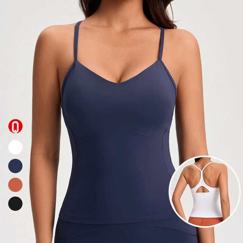 Women's V-neck Spaghetti Straps Tank Top Slim Fit Fitness Breathable Spandex Sportswear Four-Way Stretch Gym Workout Shirts