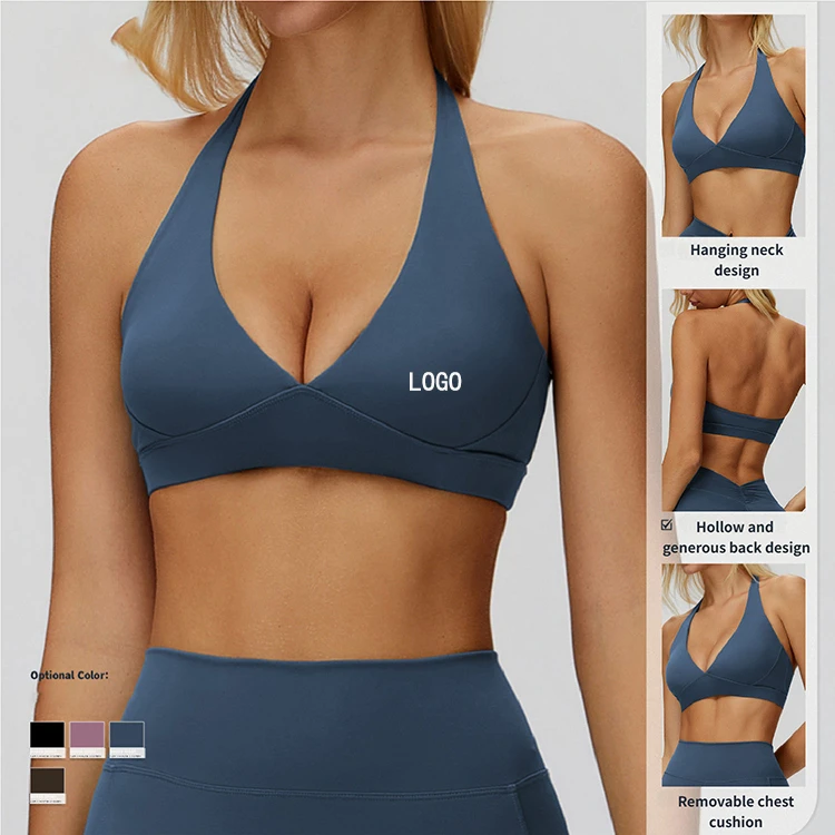 New Arrival Wholesale Brushed Yoga Bra Halter Neck Hollow Sexy Backless High Support Fitness Running Bra With Built in Pads