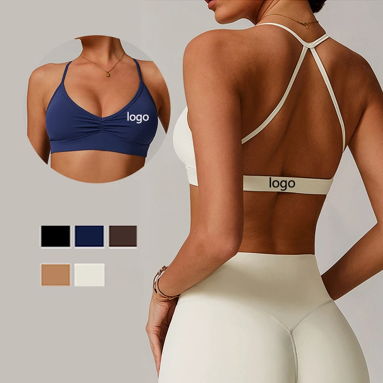 Breathable Quick-drying V-neck Yoga Bra Cross Back Pleated Underwear Running Sports Fitness High Impact Sports Bra for Women