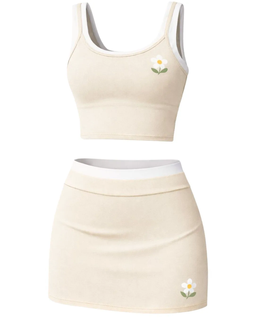 Customized Women Beige Crop Top And Mini Skirt Set Sleeveless Sports Bra Two Piece Yoga Gym Fitness Summer Casual Outfit