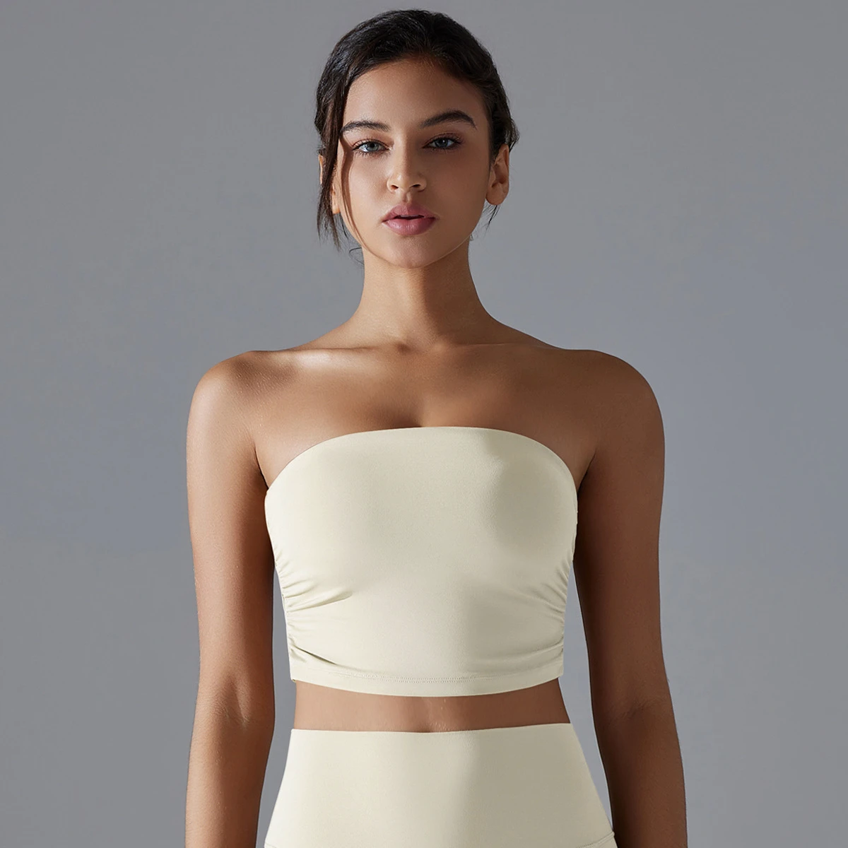 New Solid Color Strapless Bandeau Yoga Top Ruched Bralette Breathable Slim-Fit Seamless 2-Piece Running Sports Bra Set