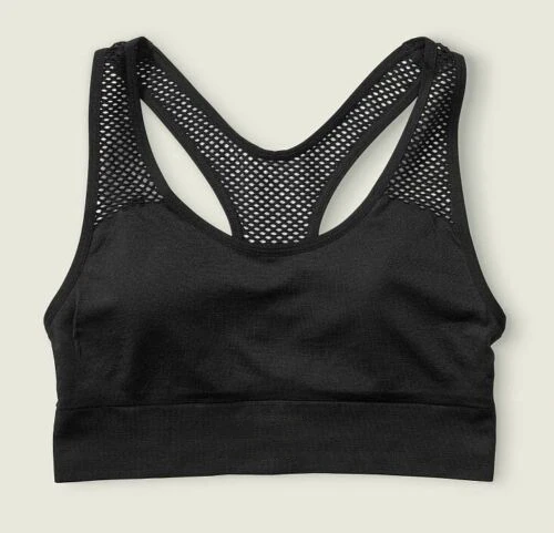 Women's Seamless Racerback Sports Bra Solid Black Mesh Back Medium Support Breathable Fitness Top