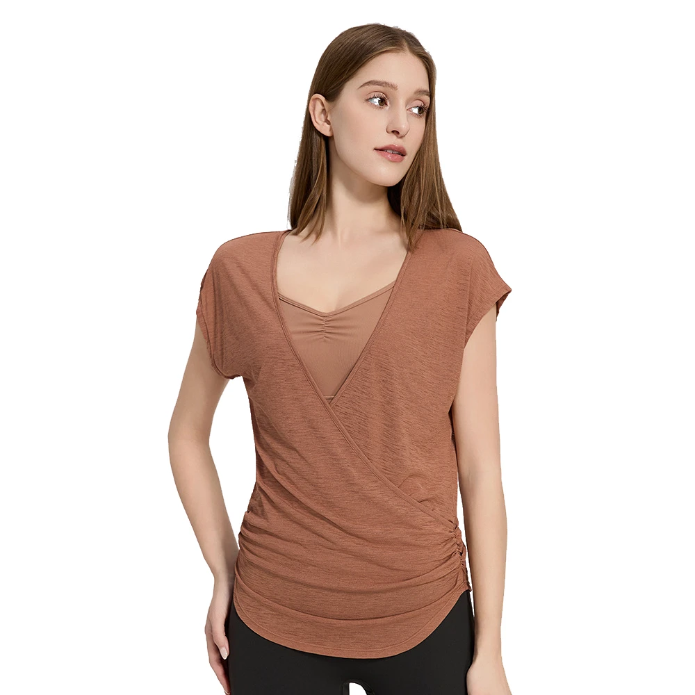 Summer Lightweight Breathable Yoga Short Sleeve Female V-neck Sports Fitness Top Loose Four-Way Stretch Quick Dry Fashion