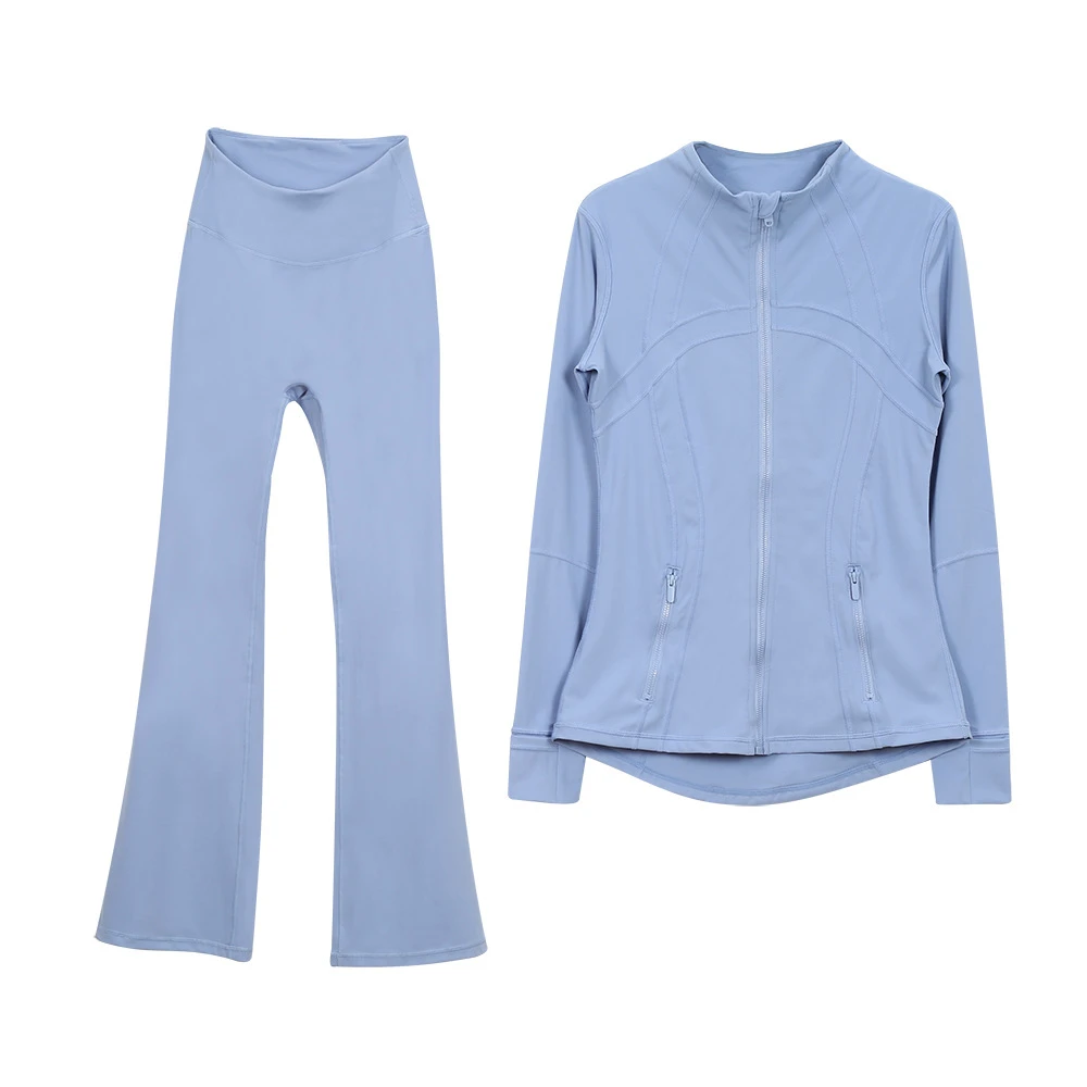 Wholesale Custom Yoga Set for Women, High-quality Zip-up Jacket + Flared Pants 2-piece Set, High Elasticity Sports Fitness Set