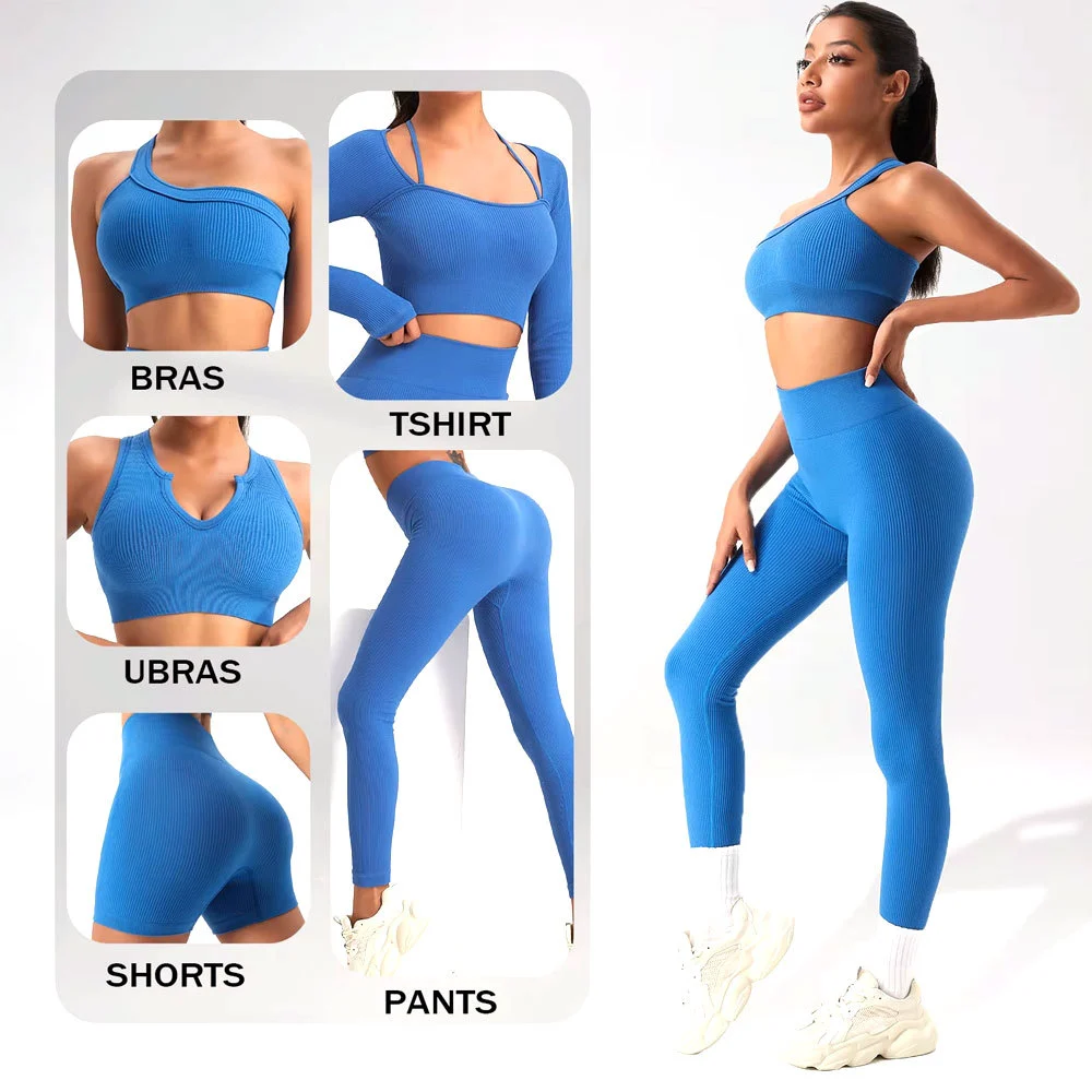 Custom logo Yoga 2025 High Quality Brand Active Wear Women Sports Bra and Leggings Gym Fitness Set Ladies 5 Pieces Yoga Sets