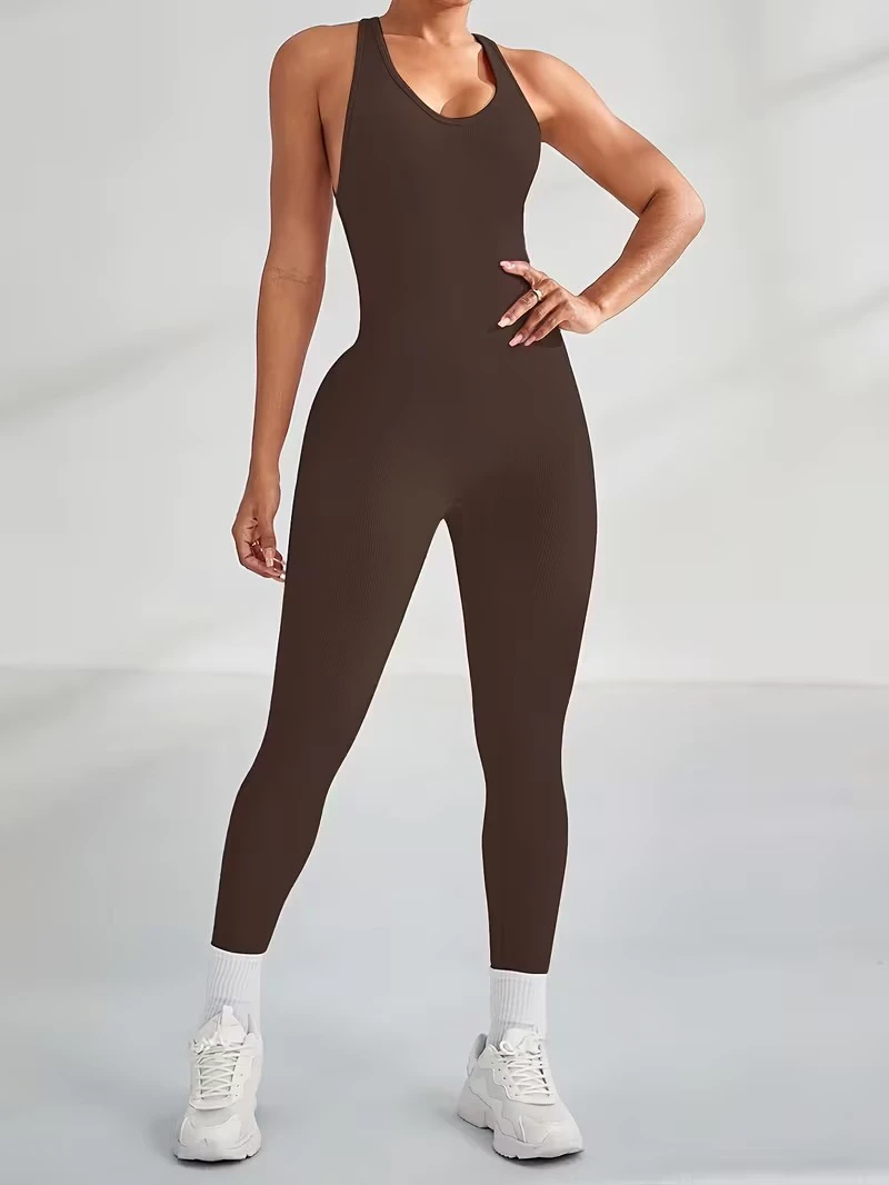 Women's Solid Ribbed Seamless Yoga Jumpsuit | Deep Brown Tank Top Active Bodysuit | Breathable Eco-Friendly Polyester Spandex