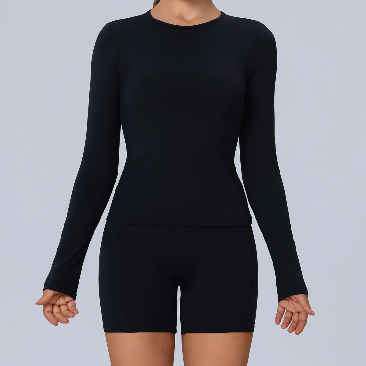New Solid Color Crew Neck Long Sleeve Fitted Yoga Top Breathable High Stretch Women Fitness Training Workout Sports T Shirt