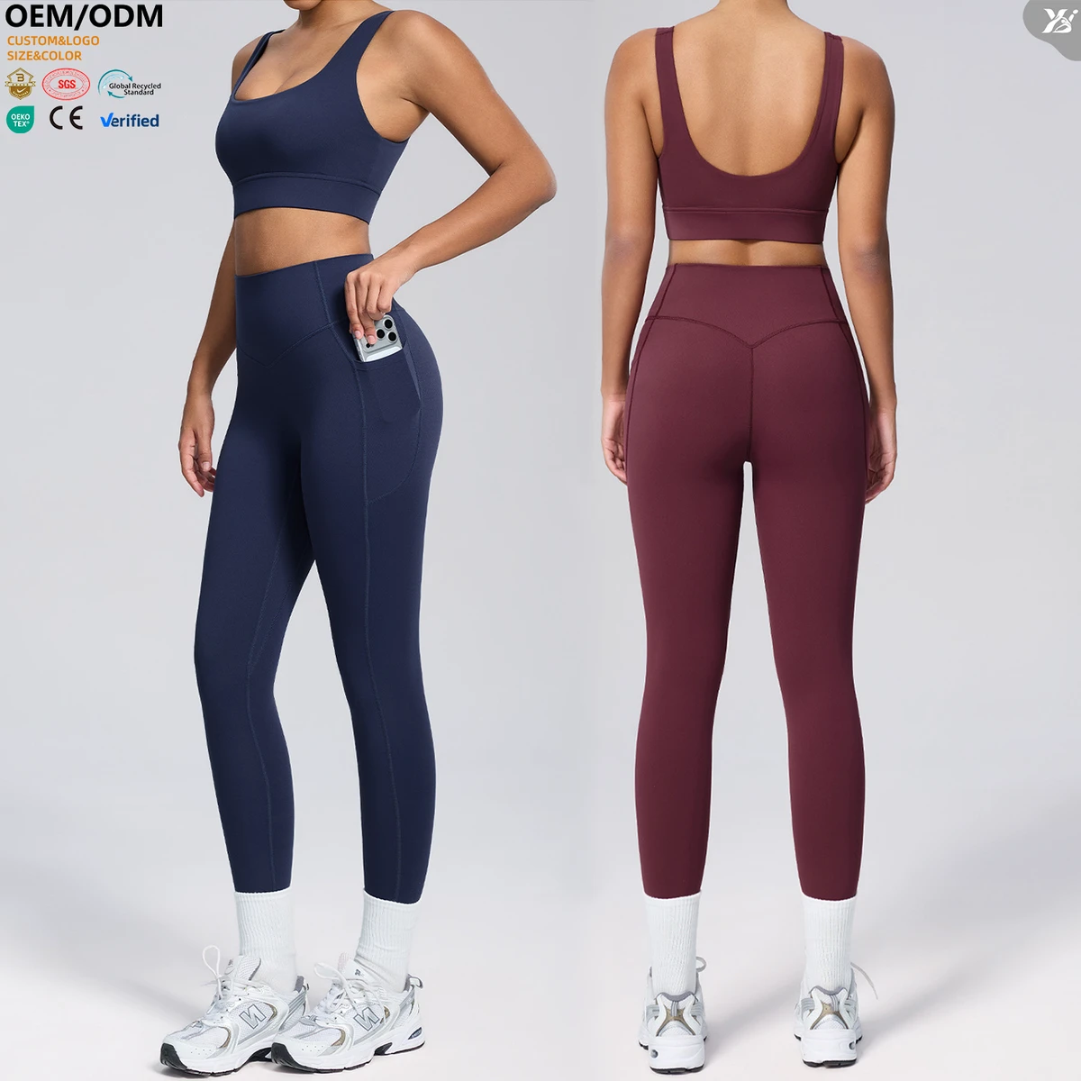 XW-F239-240 Women's 2 Piece Sports Bra High Waist Leggings with Side Pockets Soft Stretch Gym Workout Outfit Yoga Set