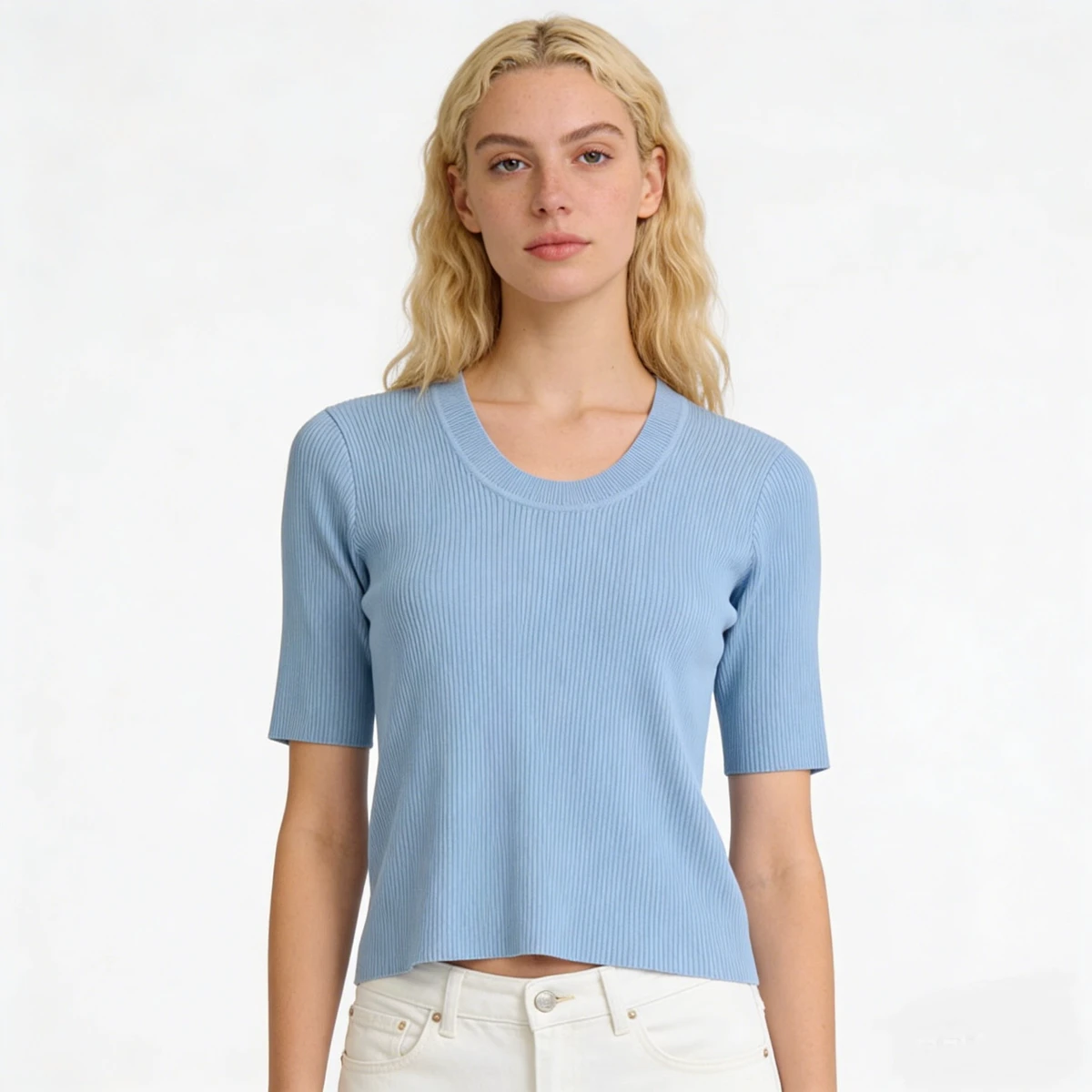 Low Moq Custom Women Knit Top Short Sleeve Crew Neck Knit T-shirt Solid Color Slim Rib Women's Knit Top Wholesale