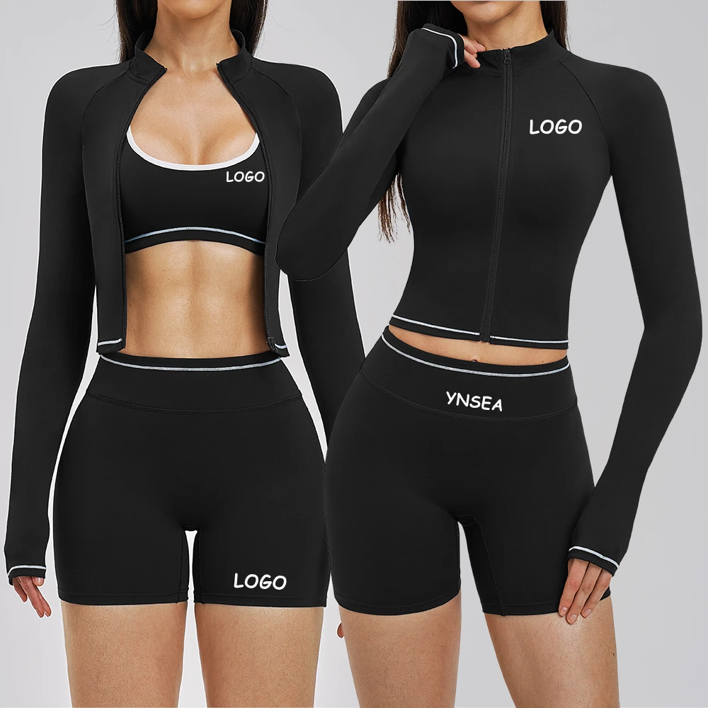 YNSEA Ropa Deportiva Mujer Custom Sporty Chic Yoga Active Wear Set 3 Pcs Crop Top Crisscross Straps Color Block Gym Fitness Wear