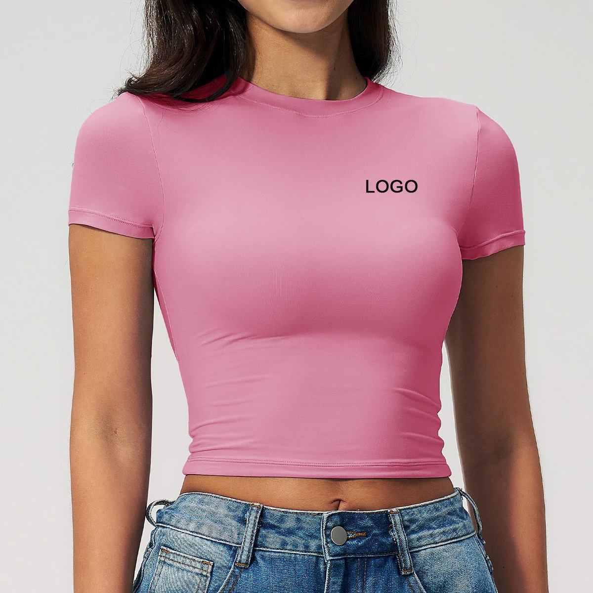 Women's Casual All-Match Tight Quick-Drying Spandex/Nylon Solid Simple Fitness Crop Top Yoga Wear Running Pilates Sports T-Shirt