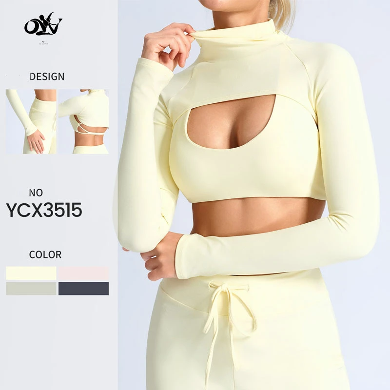 Wholesale fashionable hollow cut high neck fitness top long sleeve sexy gym t shirt for ladies sports outfit